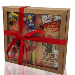 Kalėdinė dovana. Dėžutė su dviem pakeliais kavos pupelių